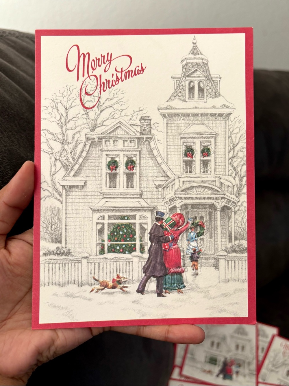 Vintage Set of 11 Illustrated Merry Christmas Cards W/ Red Trim Made In U.S.A